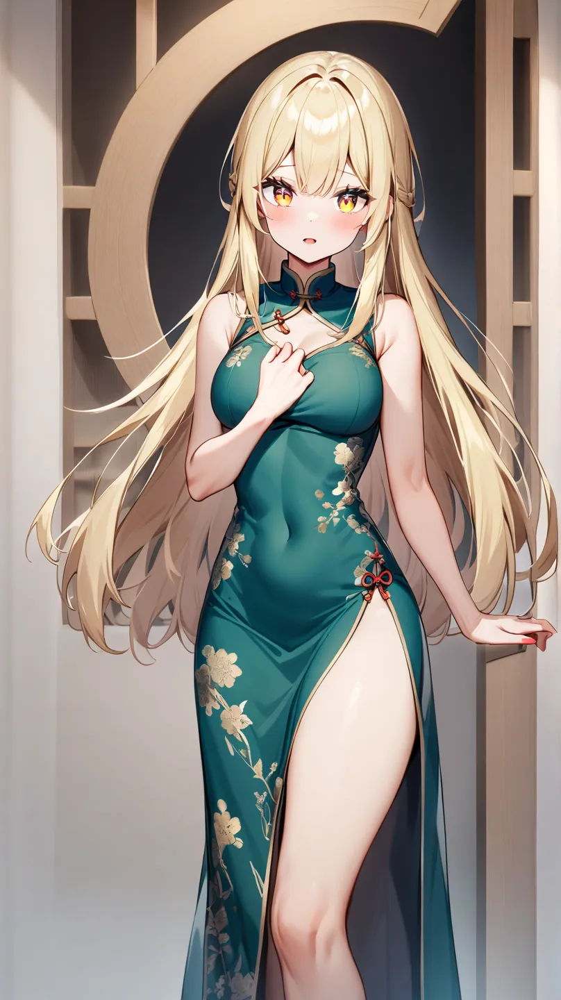 F cup long straight hair Chinese dress slit blonde jade colored eyes