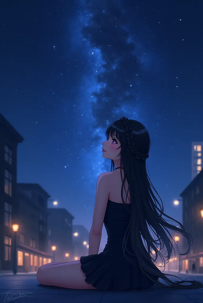 A girl animates long black hair with bangs tied back with a braid ,  dark purple eyes costume, dressed in short tight black dress, Happy sitting on the street floor it's night looking at the stars 
