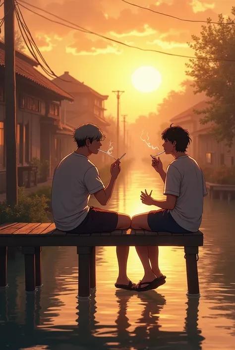 Three friends sit on a stilt by the river in the village street as the sun sets in the afternoon, smoking cigarettes