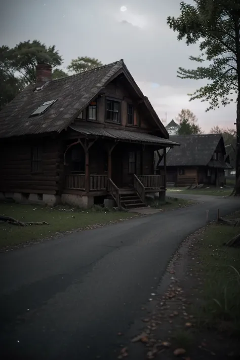 "A deserted 16th-century colonial village in the middle of a dense forest. Wooden houses stand eerily silent under the pale moonlight. The streets are empty, with no signs of life. The camera slowly zooms in on a large tree, where the word ‘CROATOAN’ is ca...