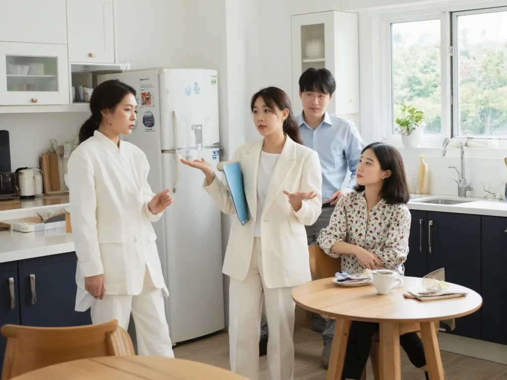 A bright indoor kitchen scene、3 People 、A woman is in the center holding a blue file folder.、to the right of them, there is a couple.。The woman has a white blazer and white pants I'm wearing a setup、The couple are dressed casually.。The woman in the center、...