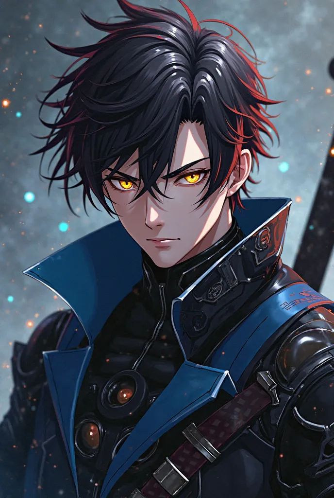 Handsome man with golden dragon like pupils and blackish read short messy hair anime style. While being garbed in black armor that has blue accents. 