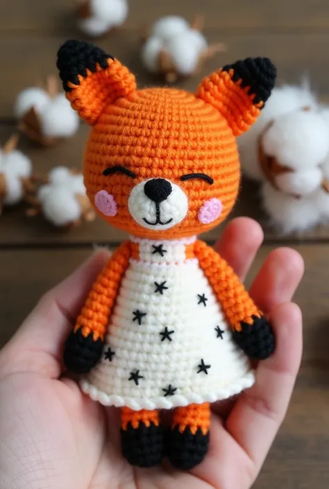 The image features a handmade crochet doll designed to resemble a cute orange fox. The fox has a round head with black-tipped ears, a sweet smile, and closed eyes, giving it a cheerful appearance. It is dressed in a white dress adorned with small black sta...