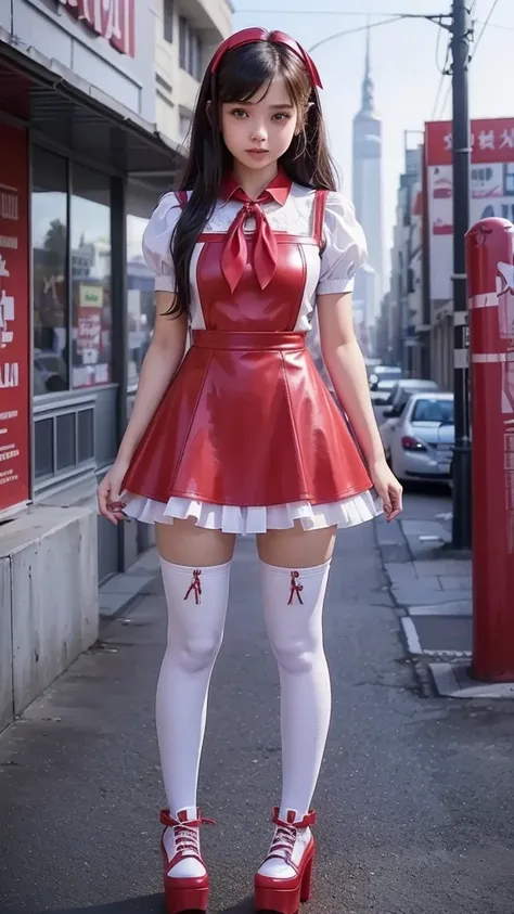 ((full body)), front view fitted figure , cute  beautiful schoolgirl, beautiful cute    face with big lips , ((girly and sweet)), (confident), (smile), ((very detailed character)), (((girl is just 15 y.o.))), ((slim and fit)), ((High Waisted red leather sk...