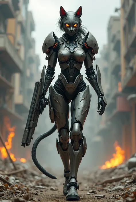 A confident, strong humanoid cat female cyborg warrior, clad in futuristic, tactical armor with exposed skin,  walking through a post-apocalyptic cityscape ravaged by fire and debris, showcasing a dynamic pose and a detailed, gritty aesthetic.