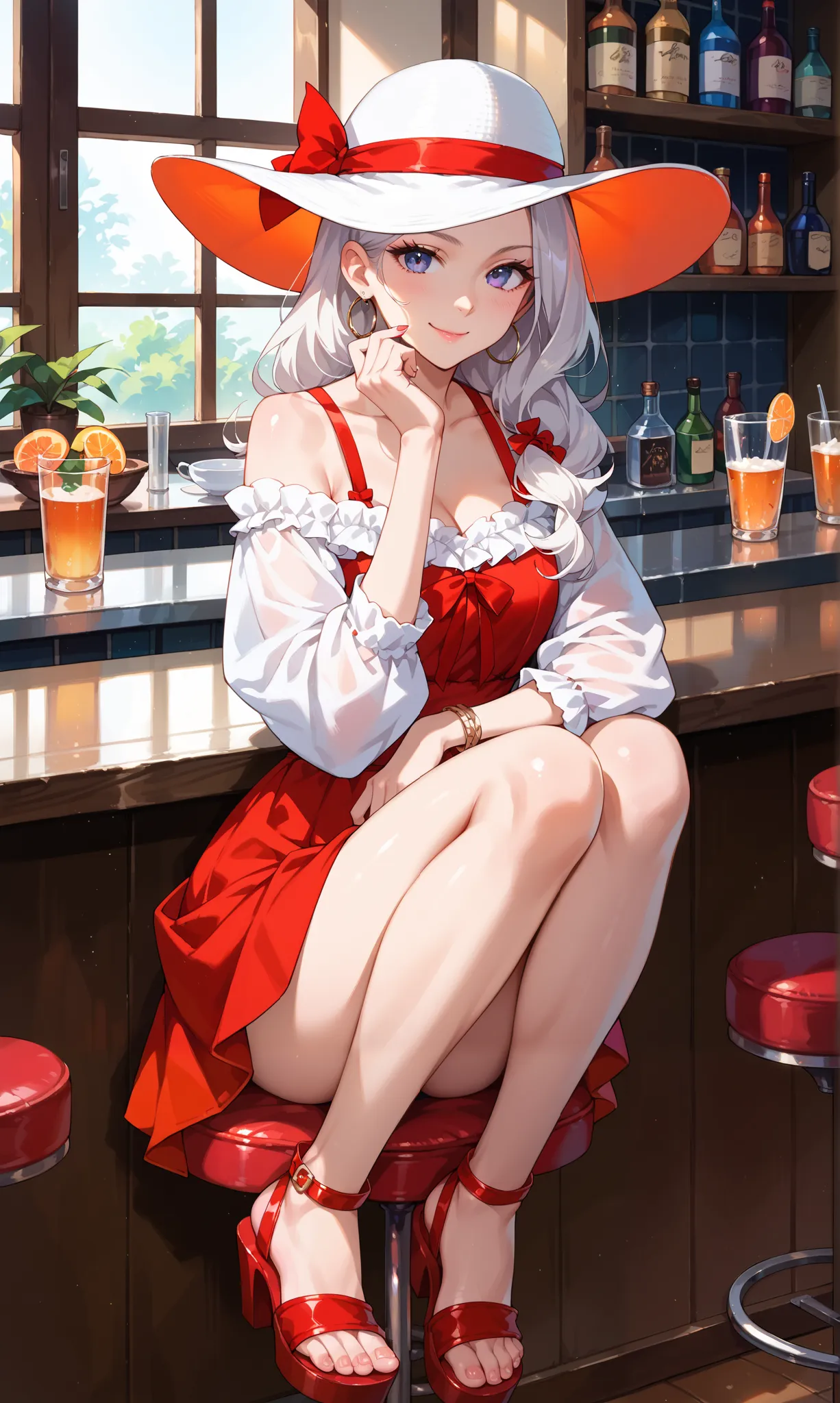 Anime style ::top view ::beautiful details ::masterpiece ::1 girl 21 years old, white hair medium length, red summer dress with thin straps, wearing a white shirt, white hat on her head, the girl is sitting on a bar counter with red sandals on her feet, sl...