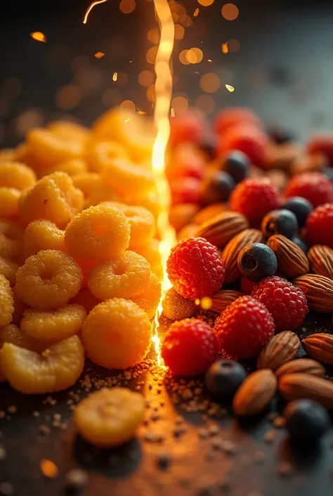 A visually impactful, high-resolution comparison: on one side, a pile of bright, sugar-packed processed snacks glowing ominously; on the other, a vibrant, fresh assortment of fruits and nuts radiating energy and vitality. The setting is dynamic, symbolizin...