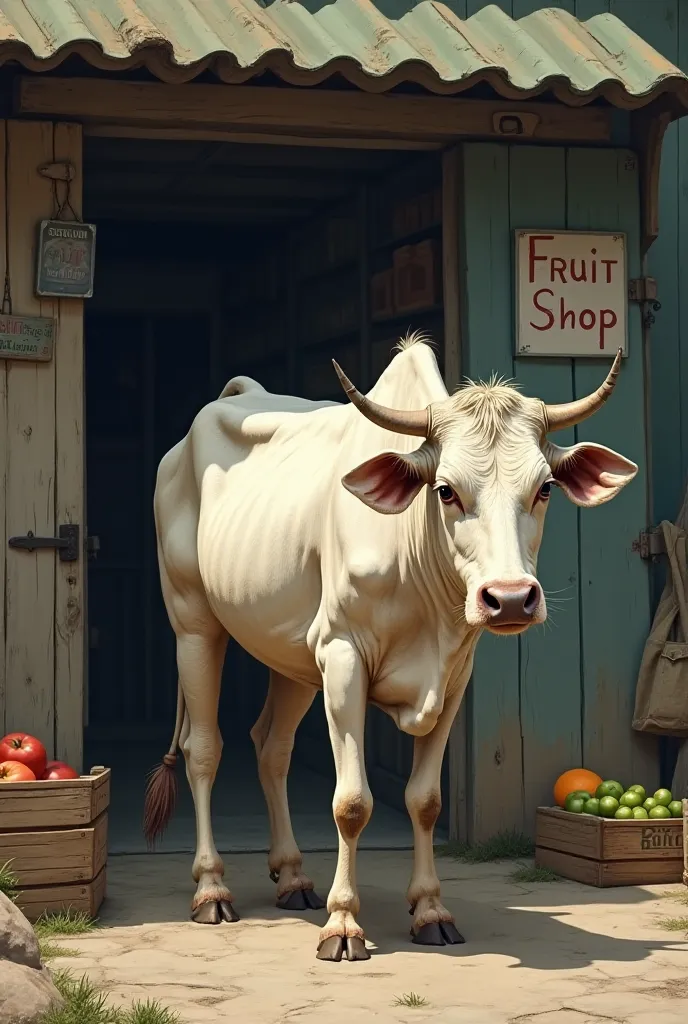 A very poor white cow stands in front of a small fruit shop