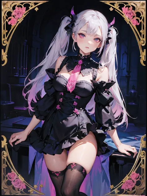 Deep night sky、Horror、 Unusual beauty 、succubus、 expression of intense sexual pleasure,  highest quality、noble、 twin tail hair  、jet black ruffled skirt、 right black eye , the left eye is red、 super adorable pose 、platform shoes、Strong Makeup、 sexy gothic ...