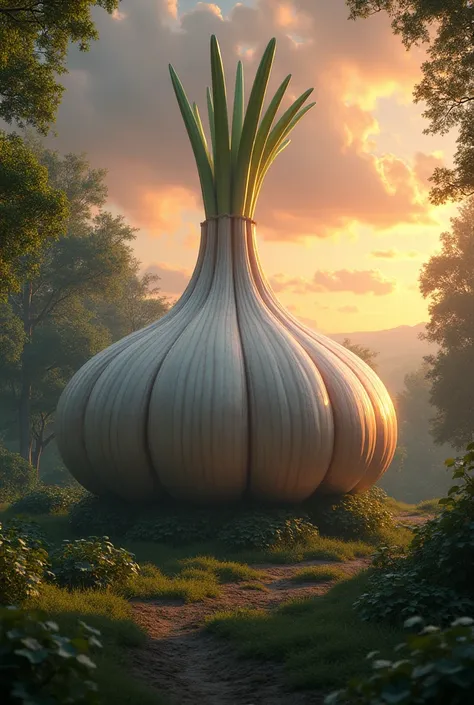 1 huge garlic lying in the forest, it's so big that it's already higher than the forest. All this in the background of the sunset 