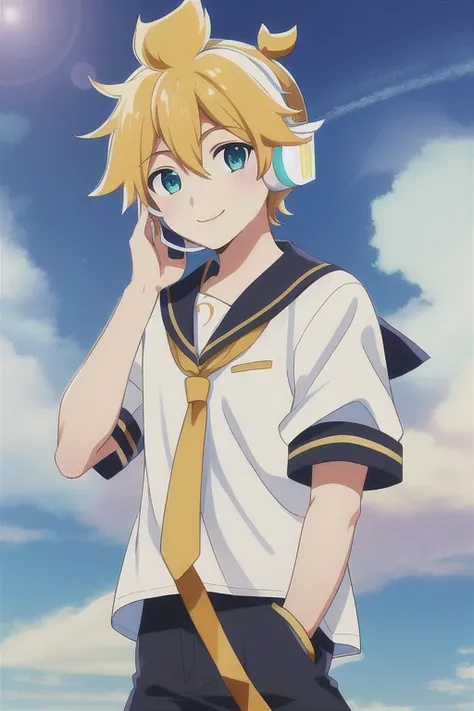 ( masterpiece,  best quality:1.2), Alone,  emphasizes men,  one boy in airspace, Kagamine Len, smile, viewers, seiza,   headphones ,  white shirt,  sailor color,  tie,  Short Sleeve,  shorts