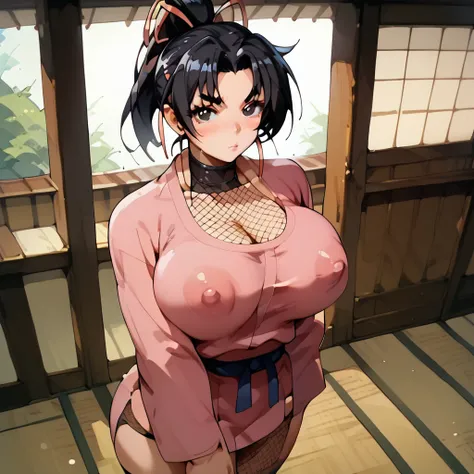 score_9, score_8_up, score_7_up, score_6_up, score_5_up, score_4_up, large breasts, wide hips, thick thighs, kosaka shigure, looking at viewer, standing, inside home, traditional japanese home background, shy, blushing, black eyes, mesh beneath pink kimono...