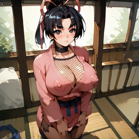 score_9, score_8_up, score_7_up, score_6_up, score_5_up, score_4_up, large breasts, wide hips, thick thighs, kosaka shigure, looking at viewer, standing, inside home, traditional japanese home background, shy, blushing, black eyes, mesh beneath pink kimono...