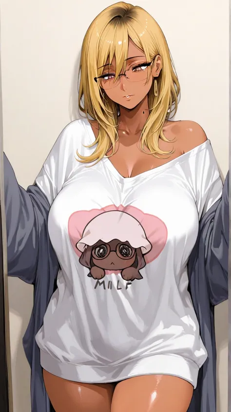 1 anime milf, dark skin,blonde,soft droopy eyes,curvaceous body, big boobs, big thighs, cute oversized clothes ,master piece ,best quality, hd quality,anime drawing by Kentaro Miyamura,have many moles,mole under eyelid ,milf open arms for a hug , glasses 