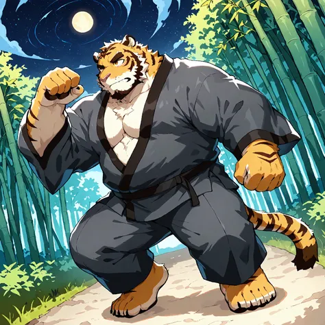 character focus, full body, looking away, dynamic angle, oriental monk a musclegut middle-aged tiger man, monk costume clothes, monk robe, martial arts pose, BREAK full body in Michelangelo Buonarroti style, pastel-colored design, digital illustration anim...