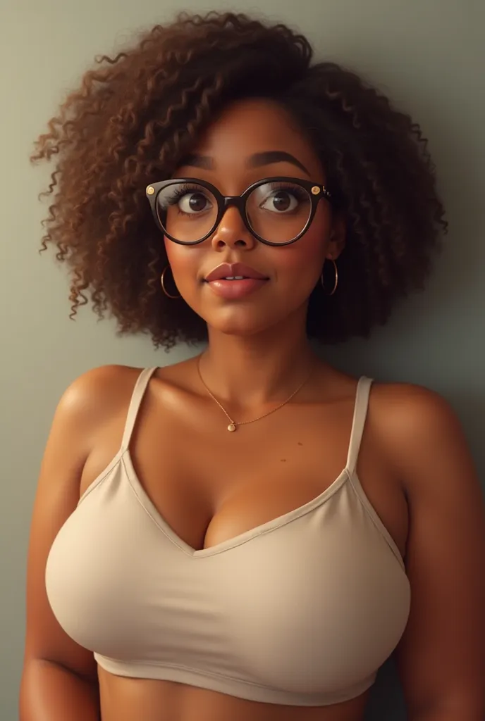  Brown skin, medium breasts,  brown eyes, curly hair, wears glasses,  short hair, chubby