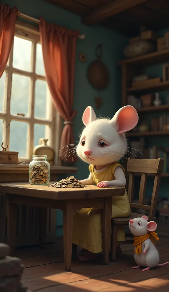 ( White  Mouse)
"A mother mouse, wearing a simple dress, sits at a small wooden table inside their cozy home, looking at a jar of coins with a worried expression. The room is dimly lit, highlighting her tired face and the small pile of coins in front of he...