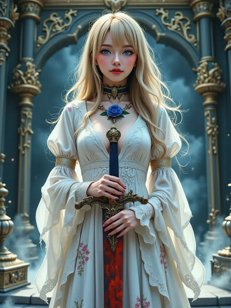 A cinematic 3D illustration showing the upper part of a young half-vampire woman, just slightly above her head. She has long, flowing golden hair and piercing, glowing violet eyes. Her expression is calm yet predatory, with sharp features, high cheekbones,...