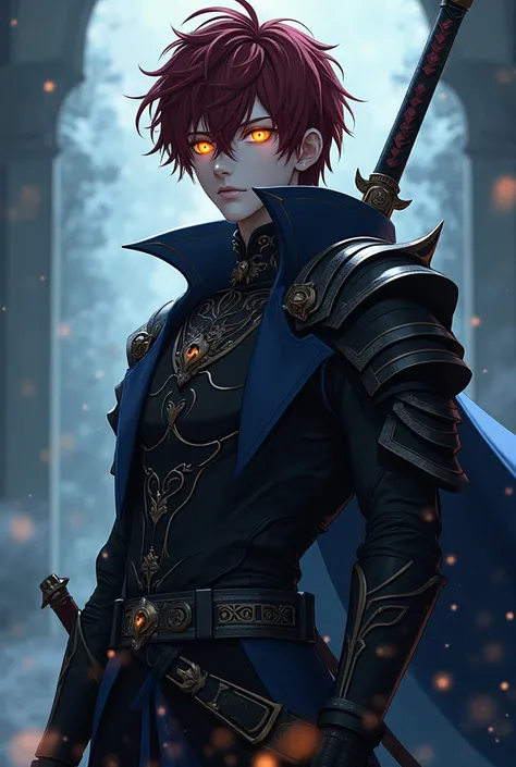 Handsome man with golden dragon like pupils and blackish red short messy hair anime style. While being garbed in black armor that has blue accents. Standing while holding a sheated bastard sword