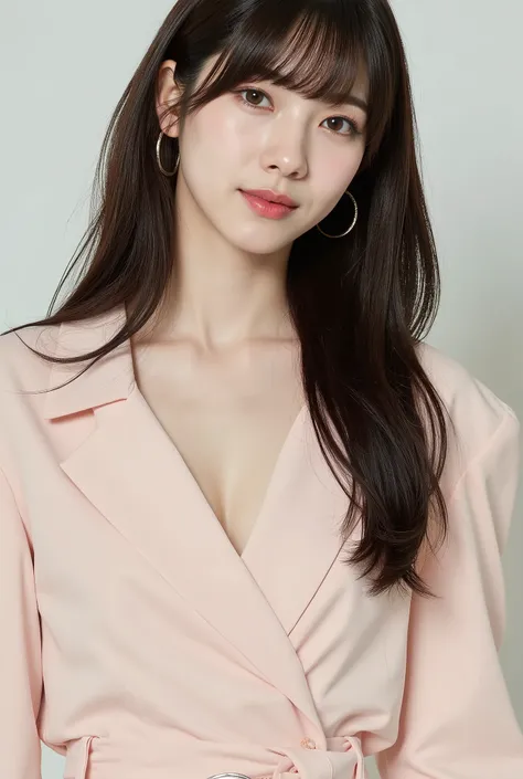 Create a portrait of a stunning K-Pop idol girl, focusing on a close-up from the shoulders up. She has a slender figure and a petite chest, with medium-length hair. The outfit should reflect a light and breezy spring fashion, suitable for a fashion magazin...