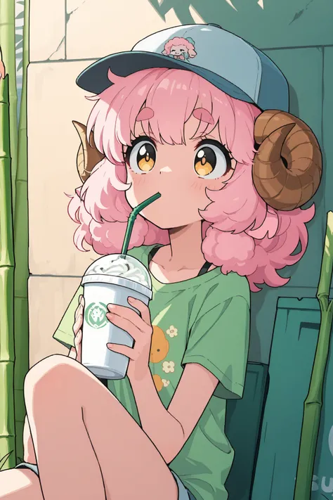 masterpiece, best quality, amazing quality, very aesthetic, high resolution, ultra-detailed, absurdres, newest, Anime screencap, highly detailed, high quality, 1girl, ひつじちゃん, pink fluffy hair, thick eyebrows, round sheep horns, BREAK, drinking straw, cup, ...