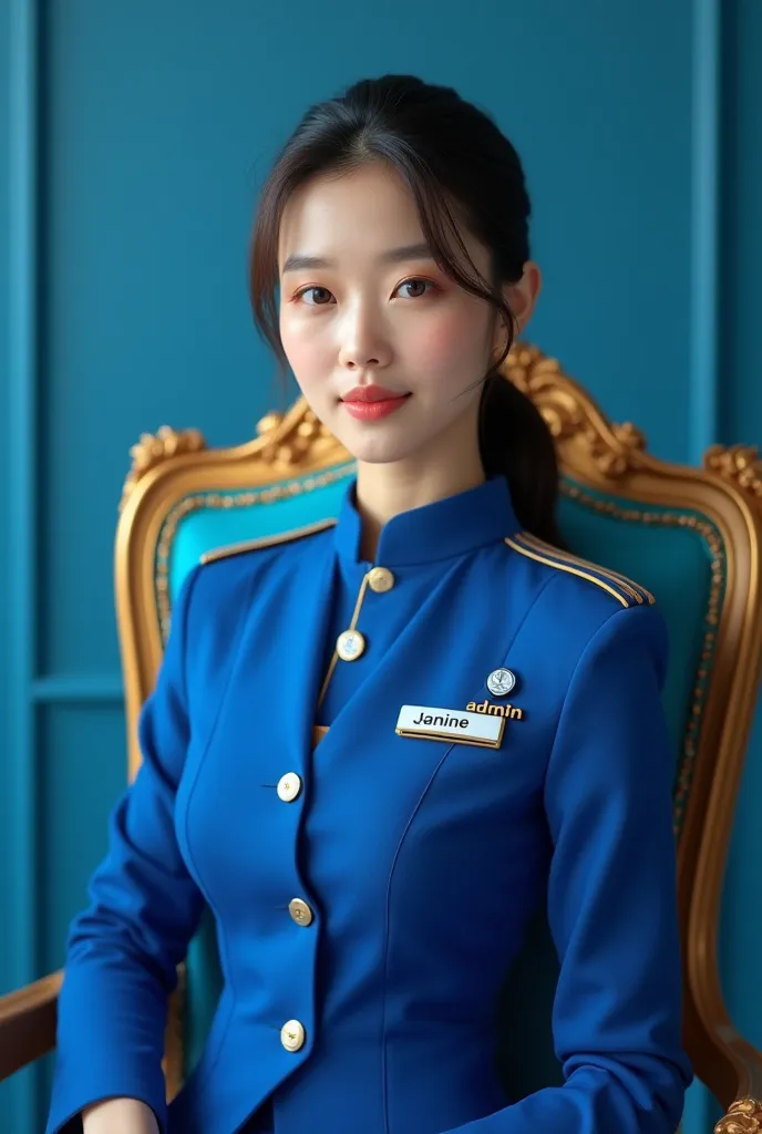 image of a Korean lady sitting on a gold and blue chair wearing a blue uniform with badge that says "admin" and name tag "janine" on a blue background 