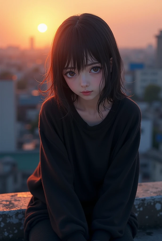 A beautiful girl in a black sweater sits on the roof looking at the viewer,  a sad look, late evening