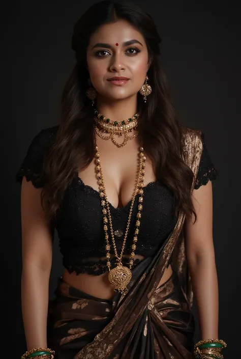 Tall curvaceous thick lady, plum lips, breast size g cup, black lustrous hair, curvy thighs,. The lady has a evil smile expression, wearing a elegant saree and a deep neck blouse and that beautifully reveals her cleavage and navel visible, nipples slightly...