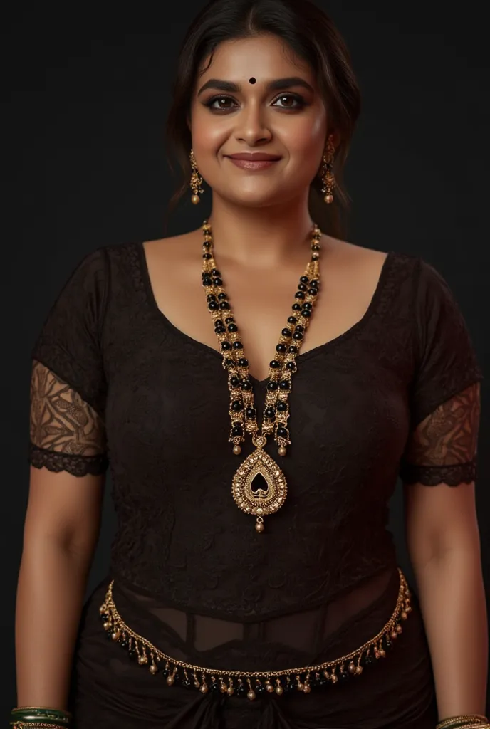 Tall curvaceous thick lady, plum lips, breast size g cup, black lustrous hair, curvy thighs,. The lady has a evil smile expression, wearing a elegant saree and a deep neck blouse and that beautifully reveals her cleavage and navel visible, nipples slightly...