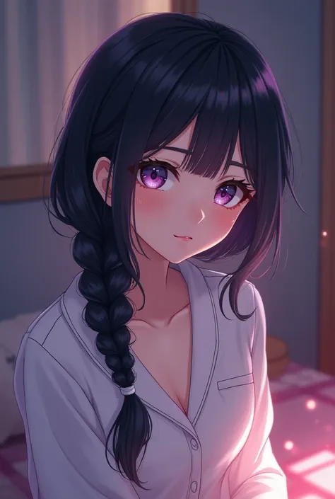  Black haired anime girl , Largo Lacio dark purple eyes , with a braid, in pajamas , 