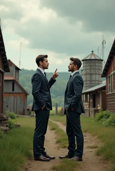 with two young men in suits standing in a farmstead and talking pointing to a cloudy sky 