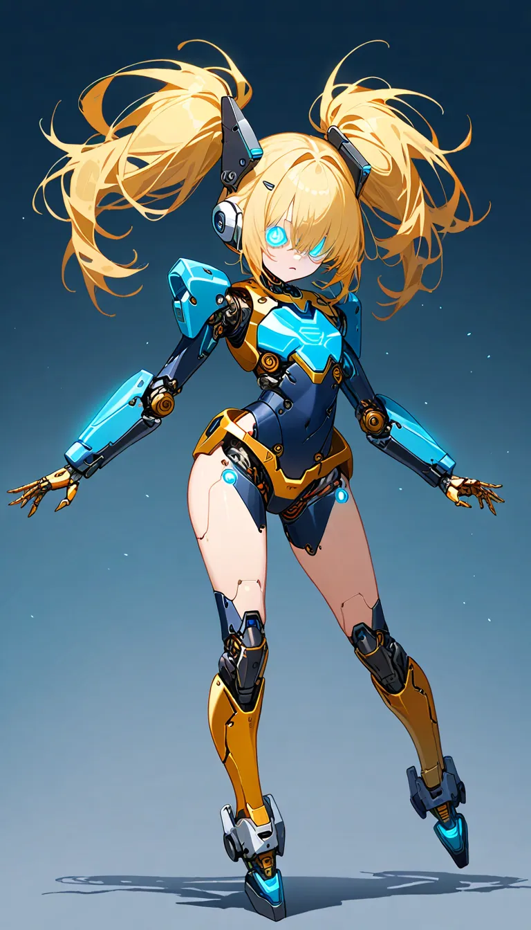 (masterpiece, best quality, amazing quality, very aesthetic, absurdres, newest:1), masterpiece,best quality,amazing quality, insanely detailed , Bright color palette,  solo girl, medium hair,gold hair,(( twintail hair)), (hair over eyes), expressionless ,s...