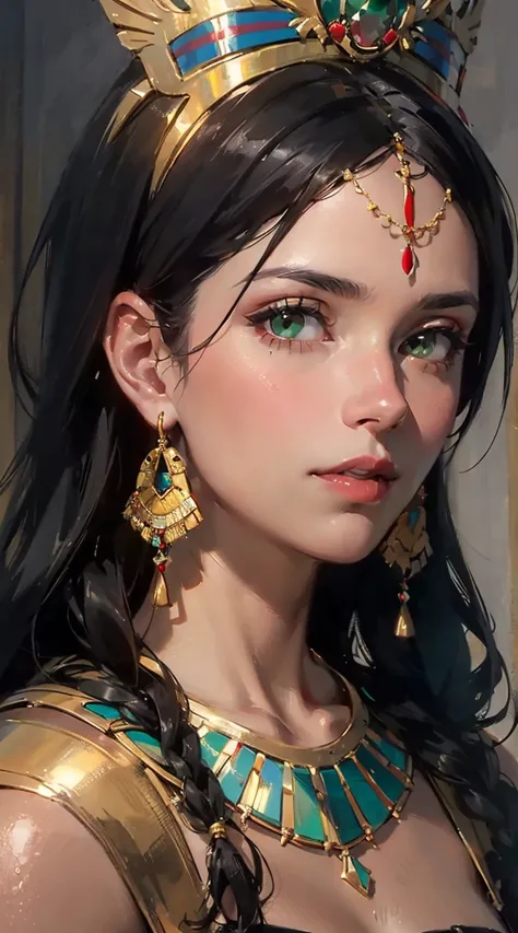 hyper realistic portrait shot of a beautiful egyptian queen, looking down proudly on the camera with her expressive green eyes, tanned skin tone , thin nose , black braided bob hair with golden accessories and jewelries , wearing a white see tough dress