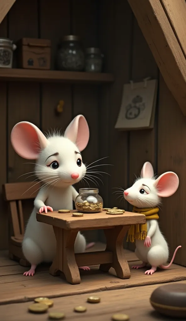 ( White  Mouse)
"Inside a cozy wooden house, a mother mouse wearing a simple dress sits at a small wooden table, looking worriedly at a jar of coins. Next to her, her small mouse , about the same size as her, wearing only a scarf, watches her with concern....