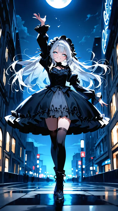  high quality， high definition，
long shiny silver hair，Messy Hair，
 half-open eyes， Silver Lashes ，
one girl， see here， bewitching smile，
 sharp eyes，Light blue eyes，
In the middle of the city at night with no one， moonlight ，
black gothic lolita costume ，...