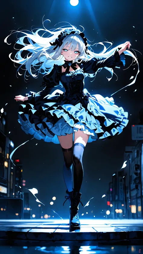  high quality， high definition，
long shiny silver hair，Messy Hair，
 half-open eyes， Silver Lashes ，
one girl， see here， bewitching smile，
 sharp eyes，Light blue eyes，
In the middle of the city at night with no one， moonlight ，
black gothic lolita costume ，...