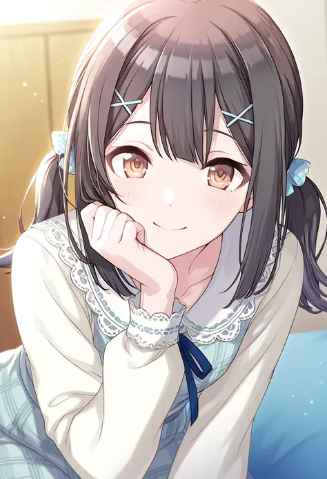 Mano Sakuragi/櫻木真乃 - The Idolm@ster Shiny Colors、 brown eyes, brown hair,  beautiful girl。smile,,, smile,,  Best Quality Official Art Smile , best quality( best quality ) Miyu Edelfelt , black hair, hair ornament, hairclip, x hair ornament, brown eyes,