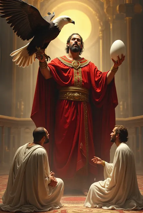 A man wearing red and holding an eagle and an eagle has a white egg and in front of him is a man kneeling to him wearing white 