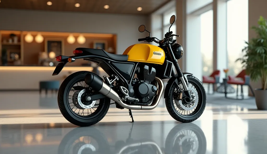 3d Render the realistic image of (  Royal Enfield Scram 440  ) with modification, good looking, bright yellow color"     " packed inside a Showroom, reflecting floor bike