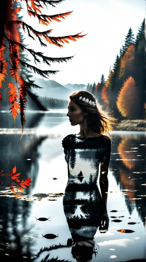 Silhouette Style, A beautiful , pretty woman, long hair, transparency, middle of lake, close up, Cozy autumn-themed Batik Art, Gorgeous geometric shapes, Wheels within wheels surreal, pattern, autumn, point, batik, Fall Decorations, autumn elements. High c...