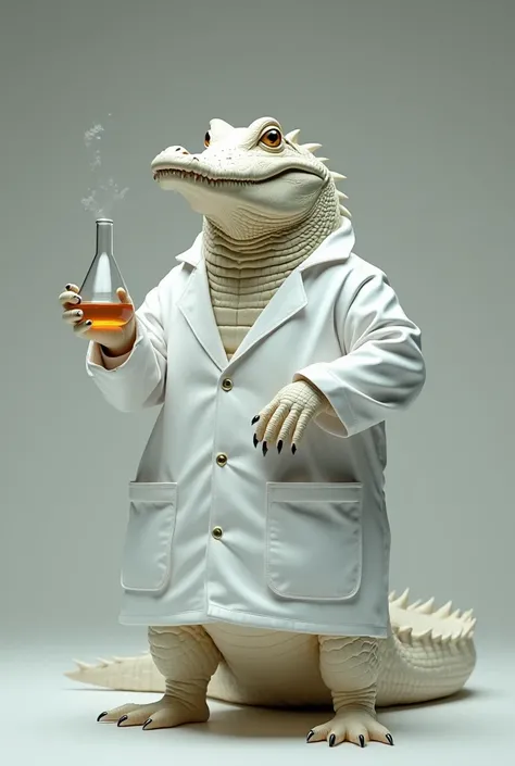 A white crocodile wears a white chemist coat and holds a volumetric flask