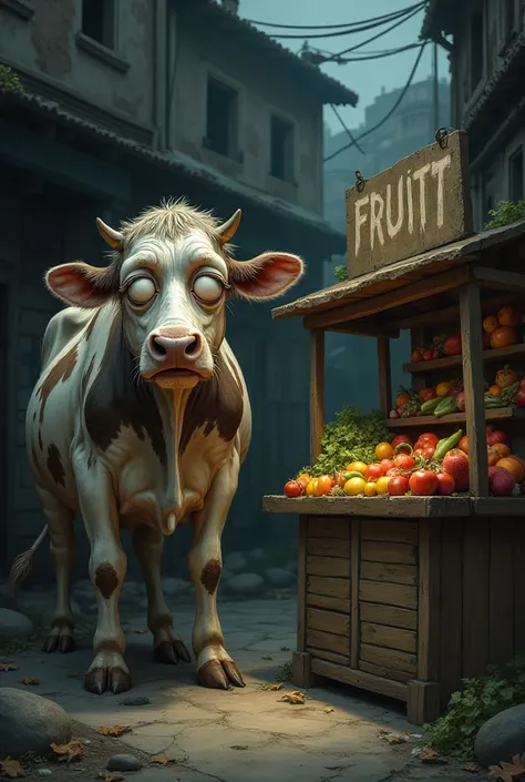 A very poor cow is crying and calling in front of a small fruit shop