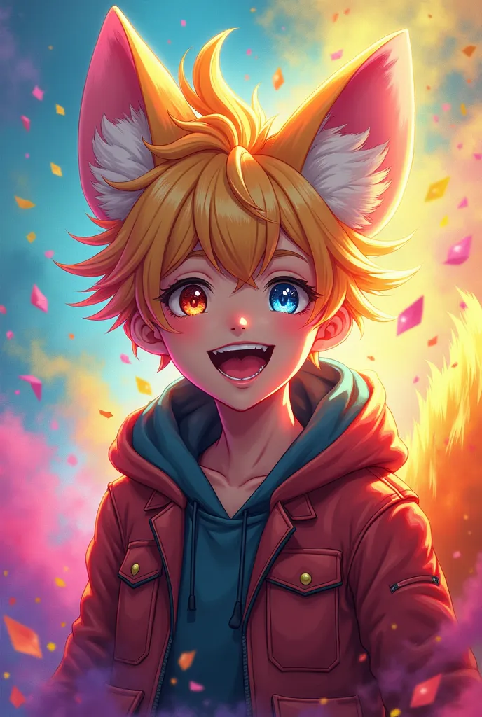 Baby boy kitsune man,  colorful hair , big smile, explosions around 