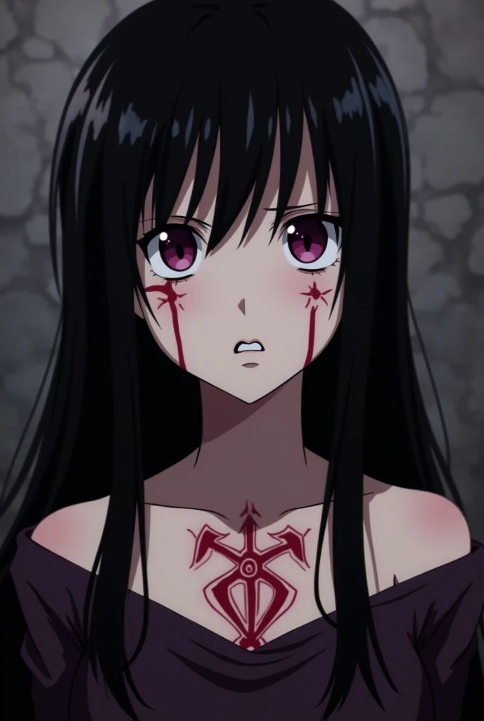 the 7 deadly sins, anime girl long straight black hair with fringe dark purple eyes, with a black line on her left eye and a demonic mark on her chest like the anime The Seven Deadly Sins anime, The girl has a scared face