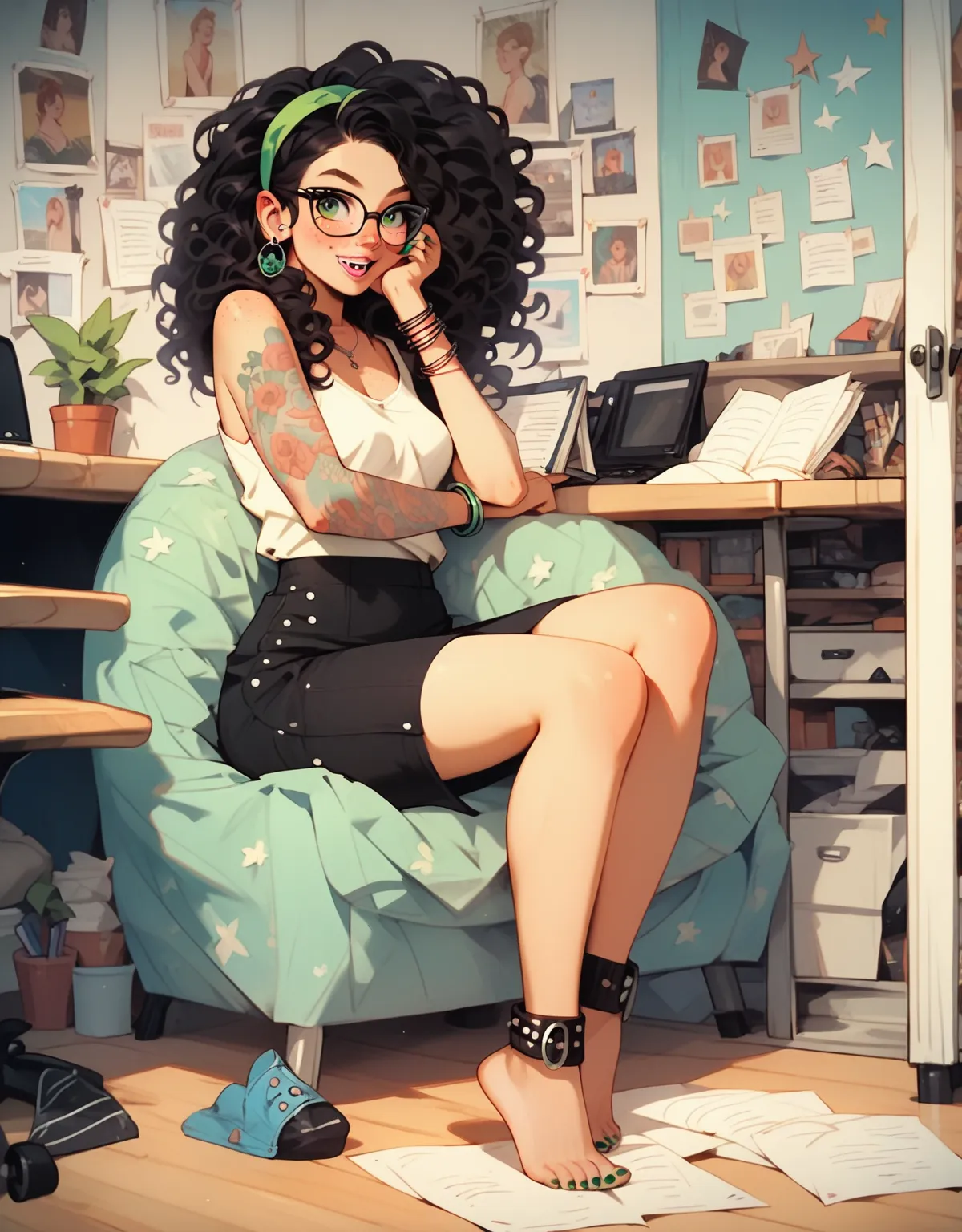 score_9, score_8_up, score_7_up, score_6_up, female, solo, nerdy, quirky, green eyes, perfect face, perfect body, black curly hair, hair band, glasses, freckles, braces, smiling, bashful, earrings, tank top, painted fingernails, arm tattoos, short pencil s...