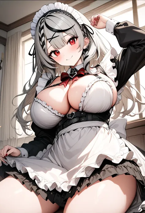 ( best quality , 8k , masterpiece , incredibly absurdres , perfect body , super detailed skin , highly detailed eyes and face , 1 woman ) ,  Sakamata Chloe , Silver Hair , red eyes , smile ,  will be happy , ( maid apron , maid , maid headdress , long slee...