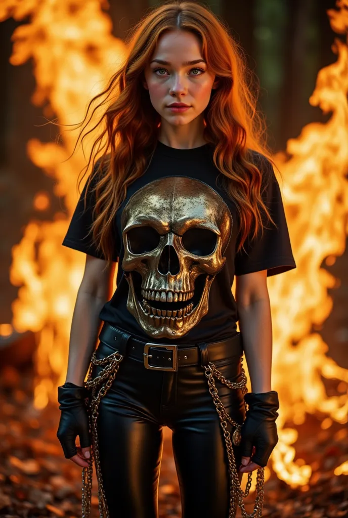 Best Quality,Masterpiece,UHD, (Realistic:1.4),Original Photo,Cinematic Lighting, 1girl, solo, (((Hot Simone Simons Metalhead Style girl))) in front of a abstract fire, prettyface , ((in sexy hot pose)) , wearing black legging pants with chains details , bl...