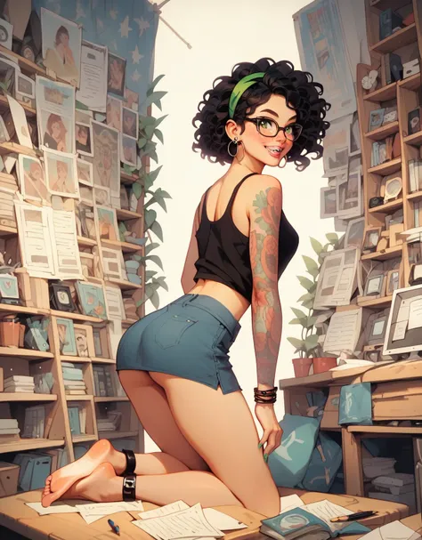 score_9, score_8_up, score_7_up, score_6_up, female, solo, nerdy, quirky, green eyes, perfect face, perfect body, black curly hair, hair band, glasses, freckles, braces, smiling, bashful, earrings, tank top, painted fingernails, arm tattoos, short pencil s...