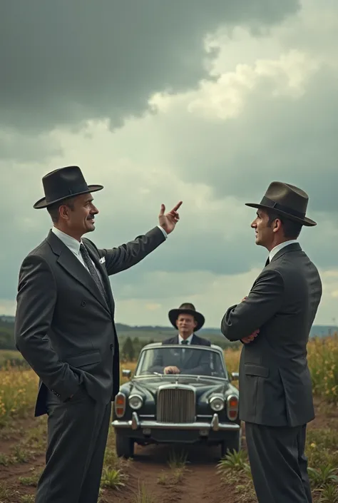 two men talking pointing to a cloudy sky in a field of cultivation ( in suit hat )  a  sitting in a car watching 