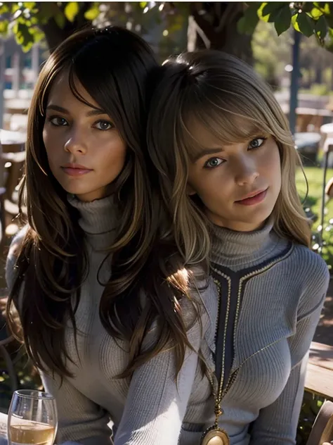 best resolution, half-body shot, ((2heads)), blonde german woman next to brunette african woman, medium layered hair, public garden, wearing turtleneck 